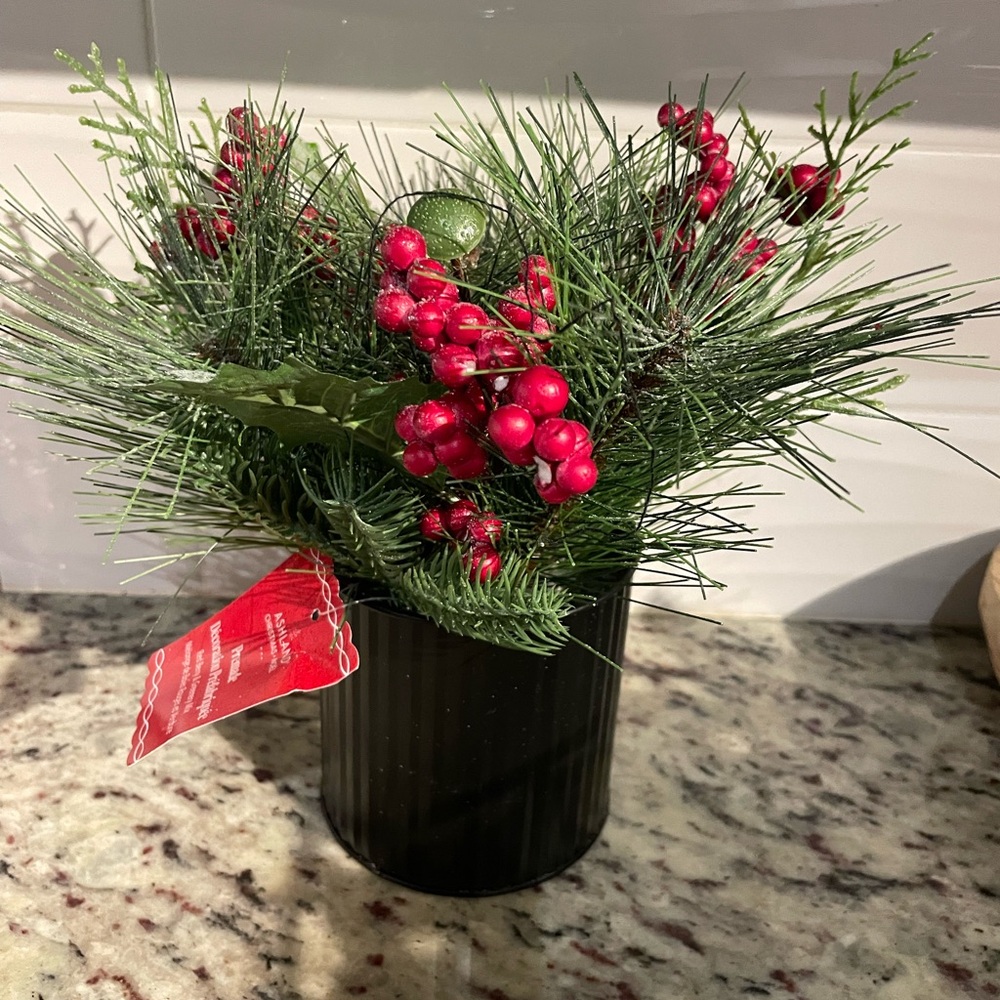 Ashland Green Pine and Red Berry Holiday Bouquet in Black Vase
